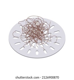 Hair clump stuck in the shower drain grid. Hair fall problem. Alopecia symptom concept. Cleaning washbasin after washing scalp. Isolated cartoon vector illustration