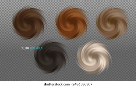 Hair color chart of samples - template for hair dye palette on transparent background. Fluffy circle hair concept realistic vector illustration