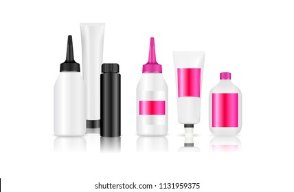 Hair Coloring Bottles Set. Vector Mockup Template. Hair Dressing, Styling Professional Beauty Tools.