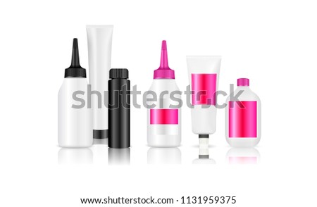 Hair coloring bottles set. Vector mockup template. Hair dressing, styling professional beauty tools.