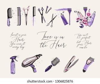 Hair coloring brush and tube, love hair quote, perfect hairdressing salon hairdresser tools, iron and trimmer, coloring, scissors, round hairbrush, dryer, water spray. Watercolor vector illustration