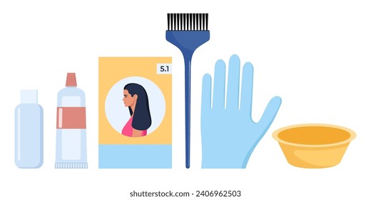 Hair coloring elements. Hair dye, brush, comb, bowl, gloves, oxidizer, hair balm. Tools and cosmetic products for hair care. Elements for beauty salon. Vector illustration