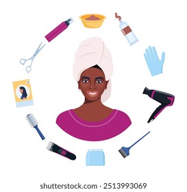 Elementos de coloração capilar. Tintura de cabelo, escova, pente, tigela, luvas, oxidante, bálsamo. Ferramentas e produtos cosméticos para o cabelo. Elementos para salão de beleza. Ilustração vetorial