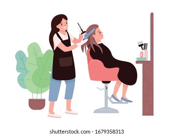 Hair coloring flat color vector characters. Female hairdresser. Hair dyeing procedure. Hairstylist studio. Stylist client. Woman getting hairdo. Beauty salon isolated cartoon illustration