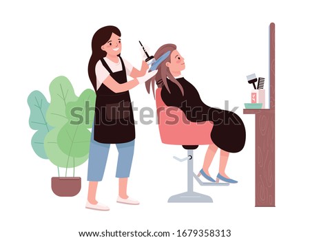 Hair coloring flat color vector characters. Female hairdresser. Hair dyeing procedure. Hairstylist studio. Stylist client. Woman getting hairdo. Beauty salon isolated cartoon illustration