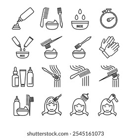 Hair coloring icons set. Editable Stroke. Permanent hair dyeing. Beauty parlor. Hairdresser services. Vector isolated drawing.  For your design