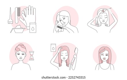 Los iconos de línea delgada de la instrucción de coloreado del pelo establecen la ilustración del vector. Niña de contorno usando guantes, pincel de pintura y empaque de tinte para aplicar colorante crema, proceso infográfico para cambiar el color del pelo en casa