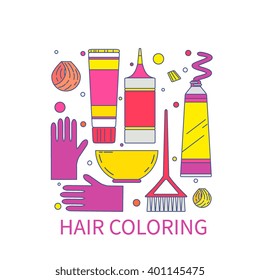 Hair coloring items, tools icons set. Hair dye, gloves, bowl, tinting brush, creme, swatch. Elements for design, vector illustration.