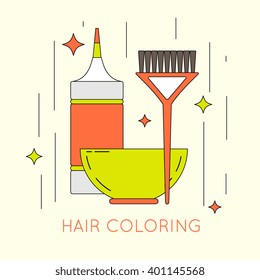 Hair coloring items, tools icons set. Hair dye, gloves, bowl, tinting brush, creme, swatch. Elements for design, vector illustration.