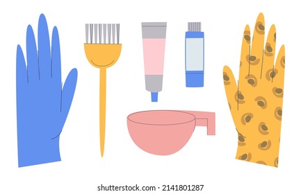 Kit para colorear el pelo en casa. Guantes, tazón, cepillo, tubo de pintura y oxígeno. Ilustración vectorial plana. Eps10.