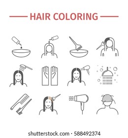 Hair Coloring. Line Icons Set. Vector Signs For Web Graphics.