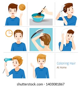 Hair Coloring Process. Steps Of Young Man Coloring His Own Hair From Brunette to Blonde At Home, Nourishing, Beauty, Fashion, Hairstyle, Scalp