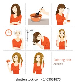 Hair Coloring Process. Steps Of Young Woman Coloring Her Own Hair From Brunette to Blonde At Home, Nourishing, Beauty, Fashion, Hairstyle, Scalp