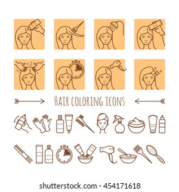 Hair coloring process. Thin line icons for your design