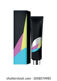 Hair coloring realistic set with colorful package and tube of hair dye vector illustration