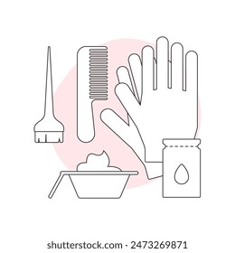Hair coloring set, gloves and bowl with hair dye, comb and brush vector illustration