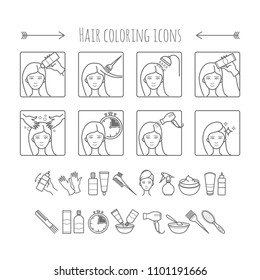 Hair coloring and styling process. 8 Steps of how to change hair color in salon or at home.Vector icons for your design