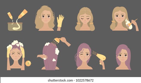 Hair coloring and styling process. Young girl shows 8 Steps of how to change hair color in salon or at home. From blonde to violet or lilac. Vector illustration. Tutorial