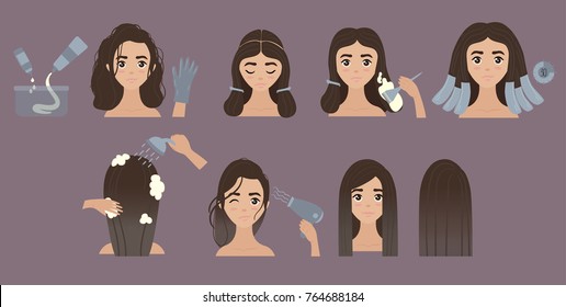 Hair coloring and styling process. Young girl shows 8 Steps of how to change hair color in salon or at home. From brunette to ombre. Vector illustration. Tutorial