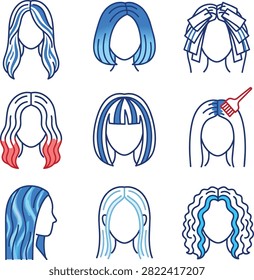 Hair coloring techniques vector icons set featuring highlights, ombre, balayage, and salon styling methods in blue and red line art.