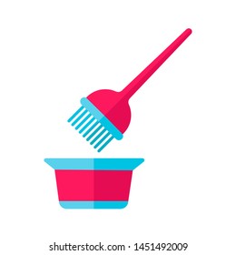 Hair coloring tools flat design long shadow color icon. Tint mixing bowl and hair dye brush. Hairdressing instruments. Professional hairstyling. Hairstylist accessories. Vector silhouette illustration