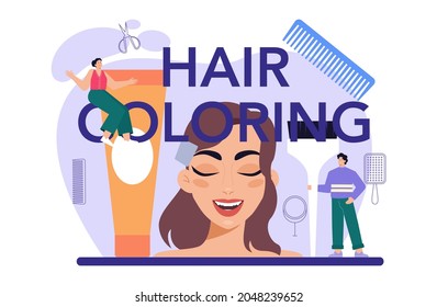 Hair coloring typographic header. Idea of hairdressing in salon. Scissors and brush, shampoo and haircut process. Hair styling. Isolated vector illustration