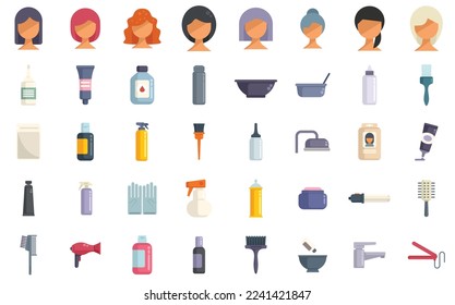 Iconos de color de pelo establecen un vector plano. Ducha de tintes. Estilo de moda aislado