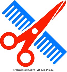 Hair comb or barber comb and scissor. For combing and styling hair or haircut. Shears or scissors symbol. Tools for barber shop. Hairdressing tool. Barbershop concept. Color red and blue.	