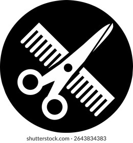 Hair comb or barber comb and scissor. For combing and styling hair or haircut. Shears or scissors symbol. Tools for barber shop. Hairdressing tool. Barbershop concept. Black round circle icon.