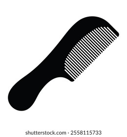 Hair comb with handle vector icon. Hair grooming tool for hairdresser. Black silhouette isolated on white background.