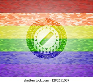hair comb icon inside emblem on mosaic background with the colors of the LGBT flag