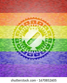 hair comb icon inside emblem on mosaic background with the colors of the LGBT flag