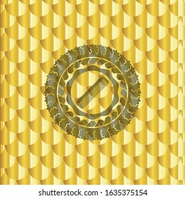 hair comb icon inside golden badge or emblem. Scales pattern. Vector Illustration. Detailed.