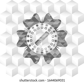 hair comb icon inside grey emblem with geometric cube white background