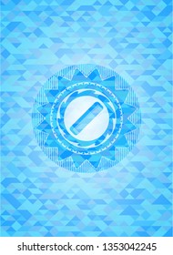 hair comb icon inside sky blue emblem with mosaic background