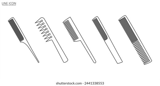 Hair Comb-Symbolzeile. Linien-Ikone der Barbershop-Werkzeuge und -Ausrüstung, Bart oder Schnurrbart rasieren und Haarschnitt. Barbershop-Ausrüstung, Werkzeuge, Barbershop-Symbol Vektor-Symbol-Illustration im transparenten Hintergrund