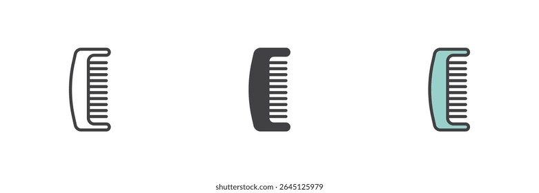 Ícone de pente de cabelo mostrado em estilo de contorno de linha, sólido e preenchido. Símbolo de ferramenta de limpeza de cabelo. Ícone de vetor definido para higiene pessoal e cuidados. Sinal de estilo limpo.