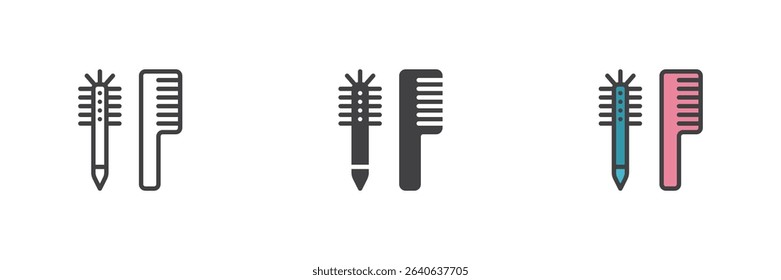 Hair comb and mascara brush vector icon set. Includes line, solid and colorful filled outline styles. Symbol for beauty, grooming and cosmetic use in bathroom icons.