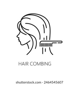 Hair combing care and treatment thin line icon. Woman beauty, hair health styling and grow, spa salon treatment product and cosmetics line vector symbol with woman combing her hair