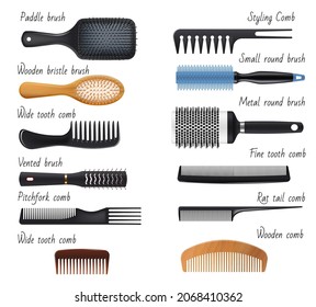 Hair Combs And Hairbrushes, Woman Fashion And Haircare Vector Accessories. Hairdresser Salon Styling And Hair Brushing Tools, Wooden Bristle And Paddle Brush, Hairstyle Rat Tail And Pitchfork Comb