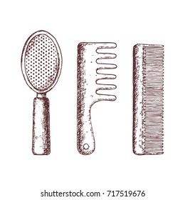 Hair combs on white background, sketch illustration. Vector