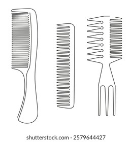 Hair combs one line continuous drawing. Comb icon symbol. Barber shop and hairdresser tools for haircut. Minimalist sign logo for beauty salon. Vector illustration. Hand drawn linear silhouette.