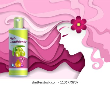 Hair conditioner ads vector paper cut illustration. Hair care product hair conditioner plastic bottle packaging mock up and beautiful woman with pink long wavy hair.