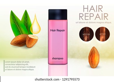 Hair Conditioner With Almond Oil. Hair Before And After Using Almond Oil. Vector