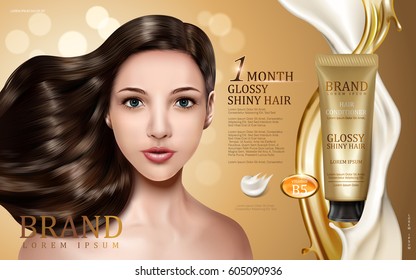 hair conditioner contained in tube with model face, golden and creamy flows, bokeh background 3d illustration