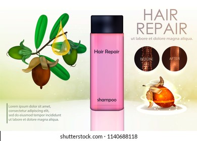 Hair conditioner with jojoba
extract. Hair before and after using shea butter. Vector