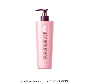 Hair conditioner pink package. Cosmetic product template. Isolated realistic 3d vector mockup of pump bottle. Hair conditioning product line provides moisturizing, smoothing, and nourishing benefits
