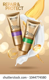 Hair conditioner product with oil and cream texture in 3d illustration, golden bokeh background