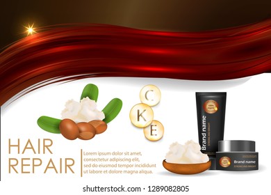 Hair conditioner with shea butter. Hair  after using shea butter. Vector