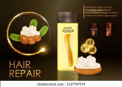 
Hair Conditioner With Shea Butter. Hair Before And After Using Shea Butter. Vector
